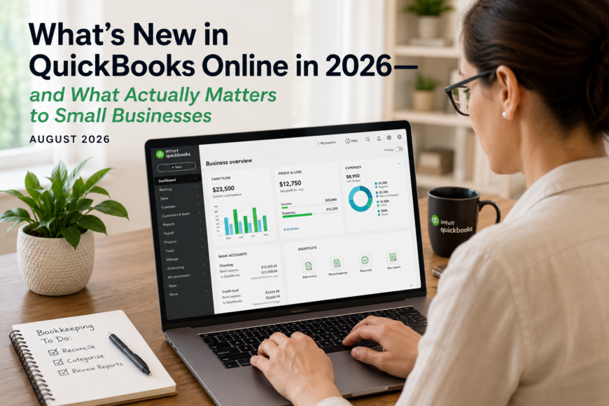 Small business owner reviewing QuickBooks Online updates and bookkeeping information on a laptop.