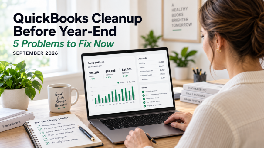 QuickBooks cleanup before year-end with a small business owner reviewing bookkeeping reports and reconciliation tasks.